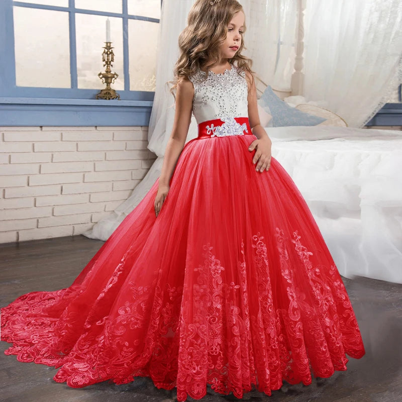 Kids Party Dress For Girls Wedding Bridesmaid Gown Lace Flower