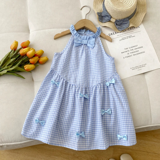 Kids Dresses for Girls Summer Casual Checkered Bow Halter Neck Dress