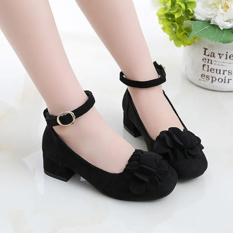 Girls Party Shoes High Heeled Fashion Princess with Flowers Sweet Chic Kids Leather Shoes for Wedding Model Shoes Ankle-strap
