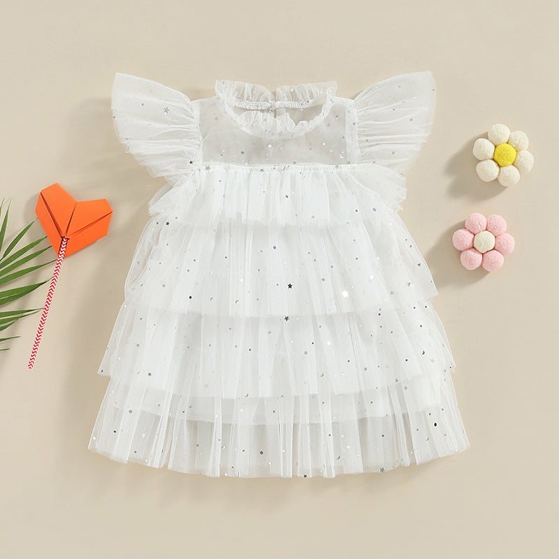 Zoe Toddler Girls Dress with Stars Moon Sequins and Ruffles
