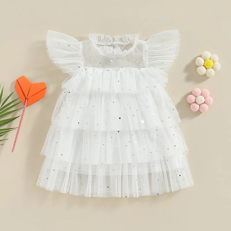 Zoe Toddler Girls Dress with Stars Moon Sequins and Ruffles