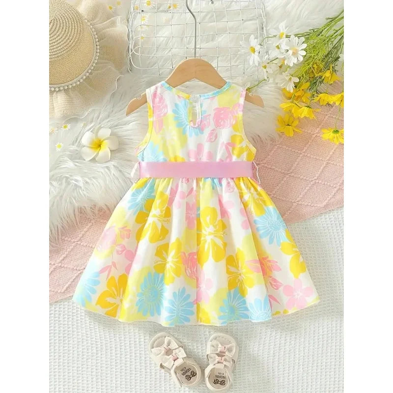 Baby Girl's Floral Print round Neck Sleeveless Dress with Pink Bow Waistband Sweet Cute Summer Casual Daily Outfit