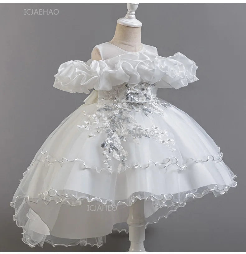Girls Flower Girl Dress with Train Tulle Princess Gown Christmas Birthday Party Pageant Formal Dresses Kids Children Clothing