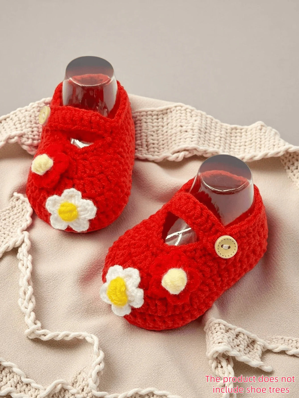 1 Pair Crochet Baby Girl Booties, Pink, Handmade Knit Shoes with Daisy Flower Detail and Button Strap