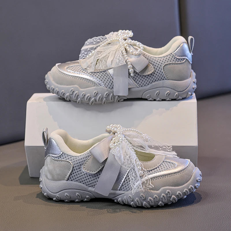2026 Summer Kids Sport Sneakers for Girl Pearl Lace Mary Jane Flats Lightweight Non-Slip