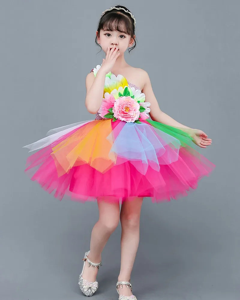 Multicolored Dance Dress Girls Modern Dance Costume Girls Contemporary Freestyle Dance Dress Girls Vestidos De Fiesta
