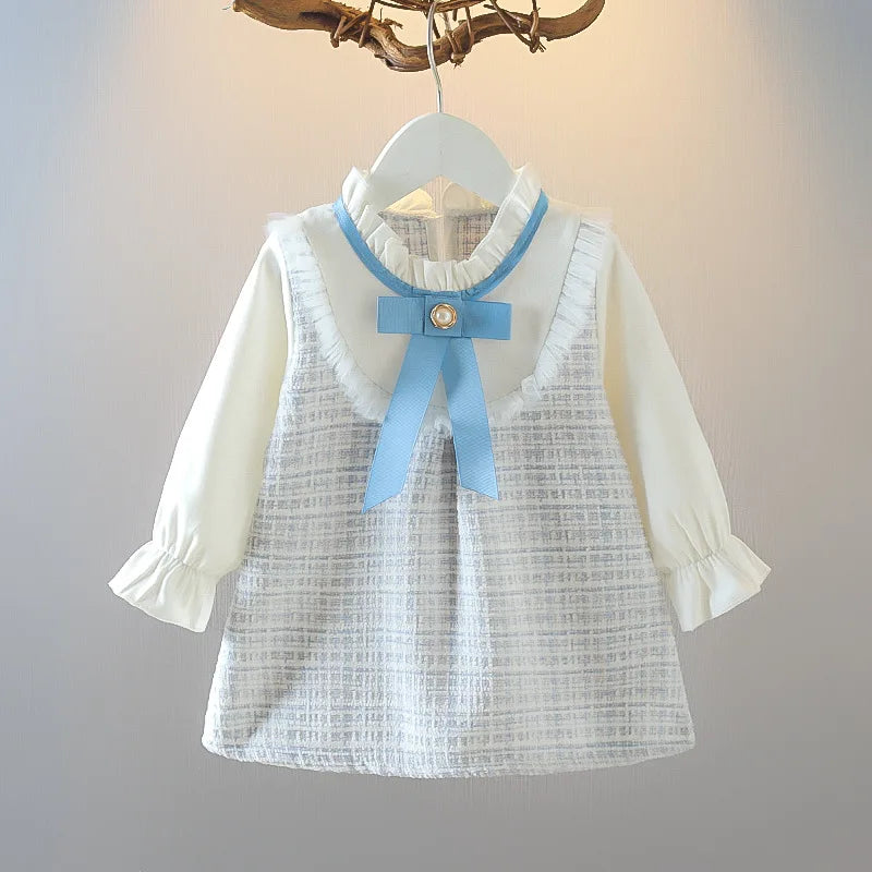 Baby Girl Dresses Spring/Fall Bow-Tie Plaid Long-Sleeve Girls' Dress Adorable Princess Baby Dress