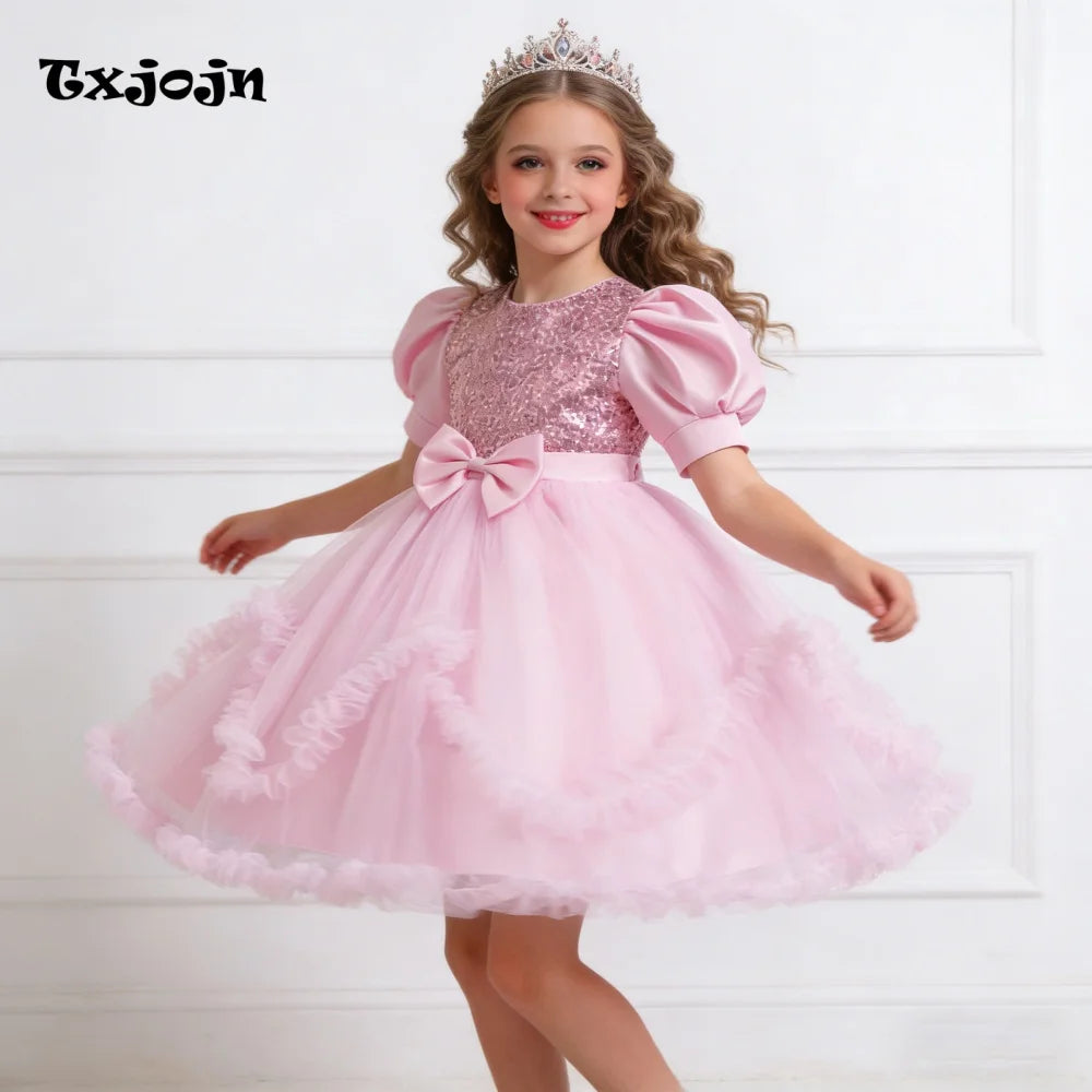 Girl's Dress 3-14 Years Old Girl's Bow Princess Dress Sequined Puff Sleeve Mesh Dress