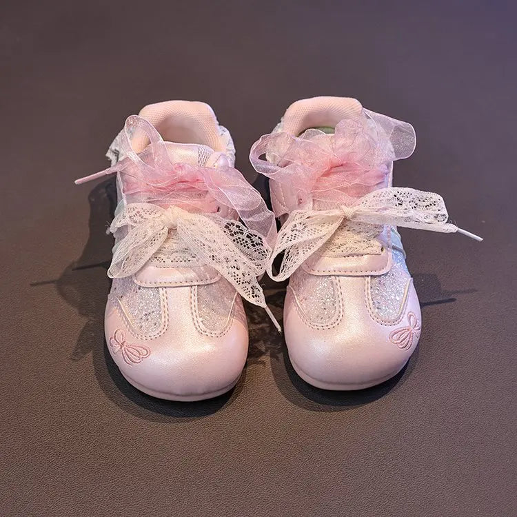 2026 Girls' Spring/Summer New Style Sneakers Pink Cute Flower, Fashion Versatile Casual Shoes, Lace Bow Cute, Non-Slip Soft Sole