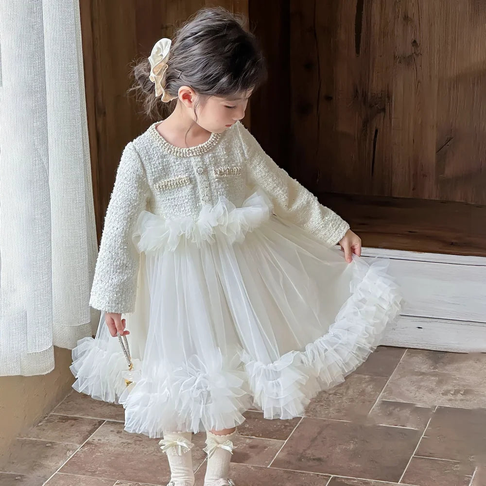 French Princess Dress With Lace Tulle Skirt White Elegant Dress