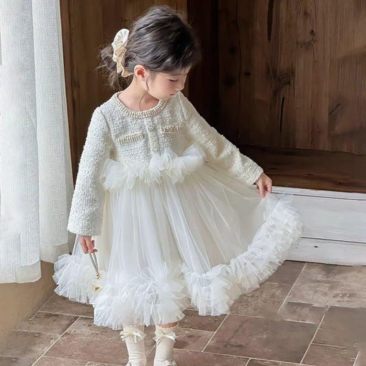 French Princess Dress With Lace Tulle Skirt White Elegant Dress