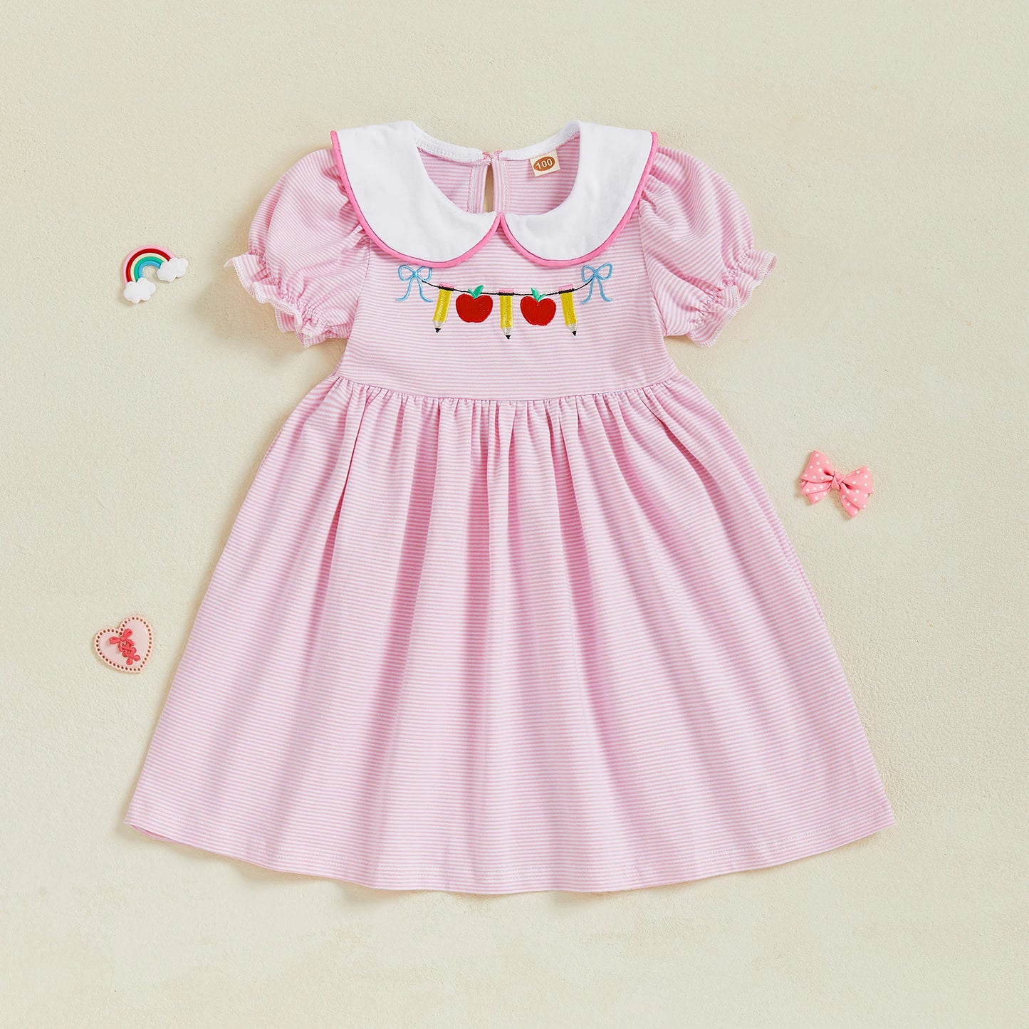 Striped Floral Print Back to School Dress with Bow Detail and Peter Pan Collar Short Sleeve A-line Dress Adorable Toddler