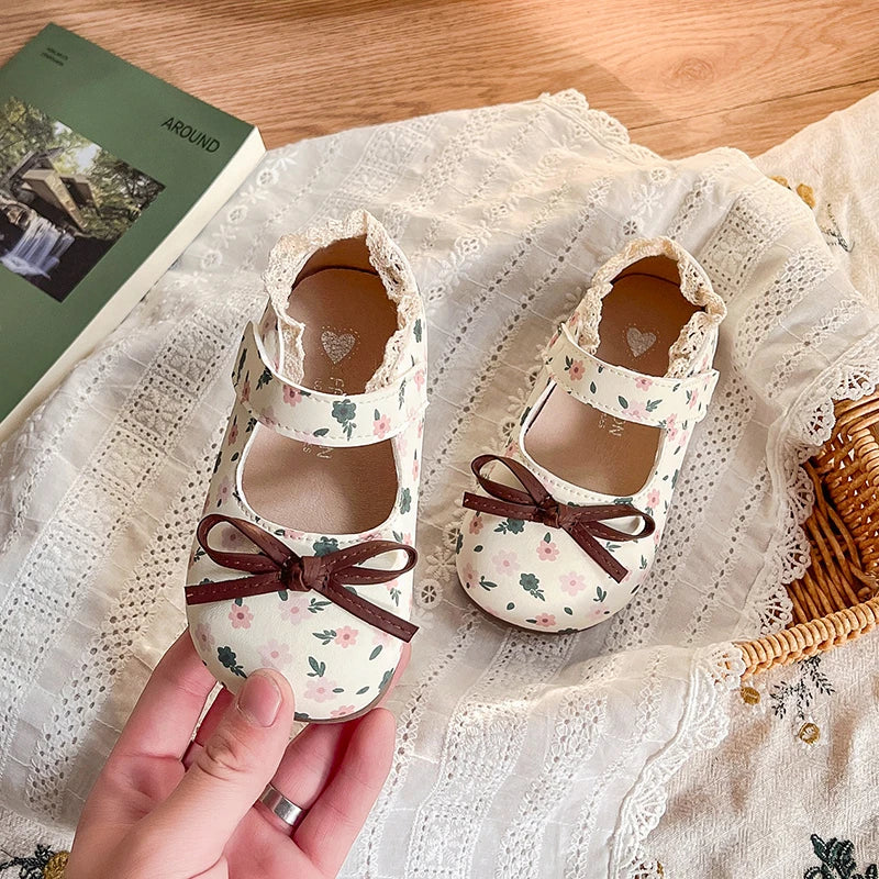 Spring Girl's Princess Shoes Floral Adorable Versatile Kids Flat Shoe Round Toe Soft Comfy Trendy Children Mary Janes 21-32