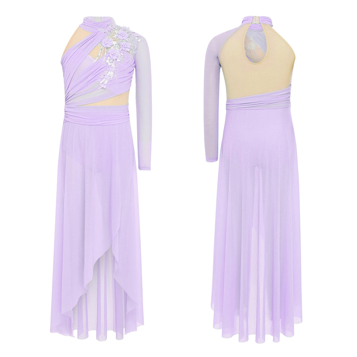 Girls Delicate 3D Flower Lyrical Dance Dress Asymmetrical Ruched Long Dress Gymnastics Modern Dance Clothes Performance Dress