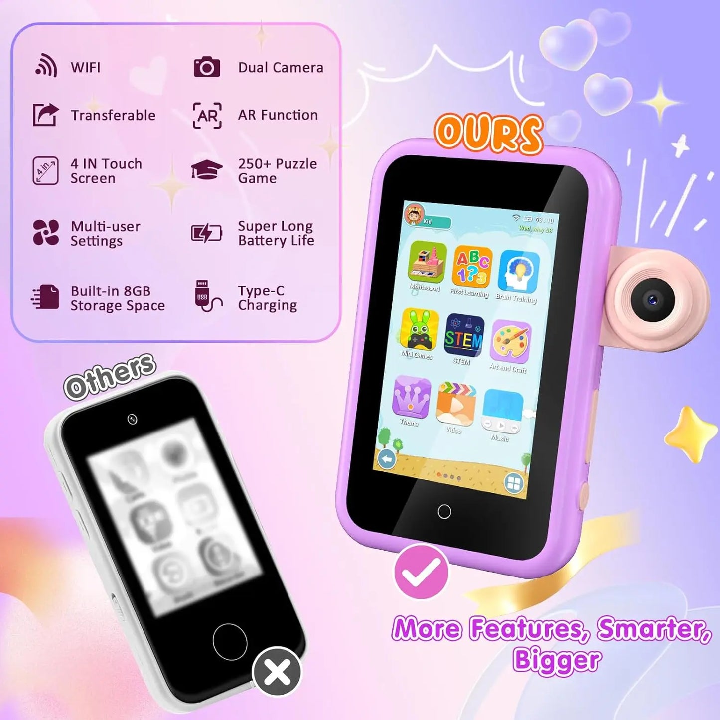 VATOS Kids Smart Phone Toy for Girls Boys Large 4" Touchscreen