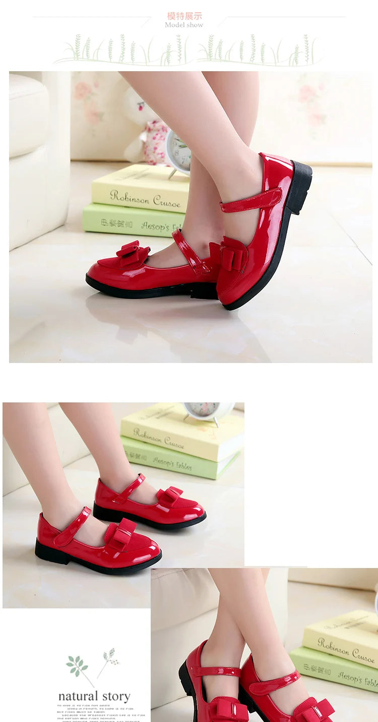 Girl Princess Leather Shoes PU Casual Baby Black Red Girls Fashion Brand Glossy Dance Shoes