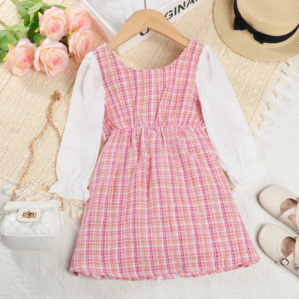 Menoea Girls' Dress 2023 Autumn New Girls' Plaid Round Neck Dress