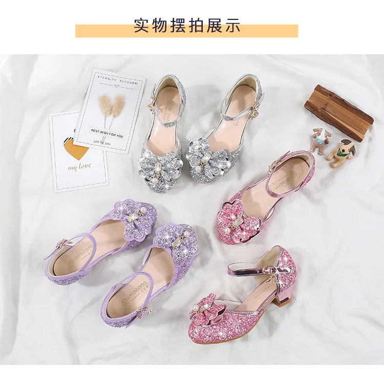 Girls' High Heels Fashion New Sequin Bow Shoes Children's Dance Single Shoes