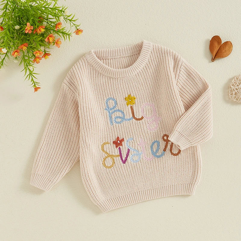 Nahiomy Girls Big Sister Fall Winter Sweater Casual Letter Flower Embroidery