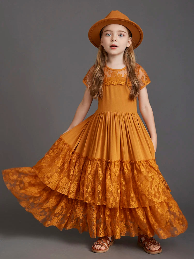 New 2024 Princess Girls Short Sleeve Lace Long Floor Dresses
