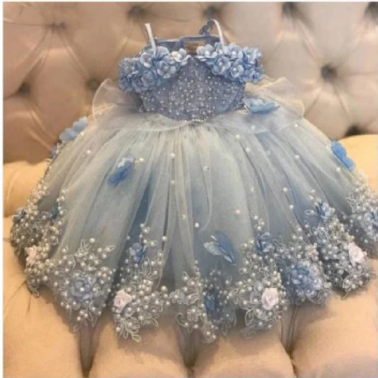 Baby Girls Dresses Off Shoulder Pearls Lace Butterflies Flower Princess Dress