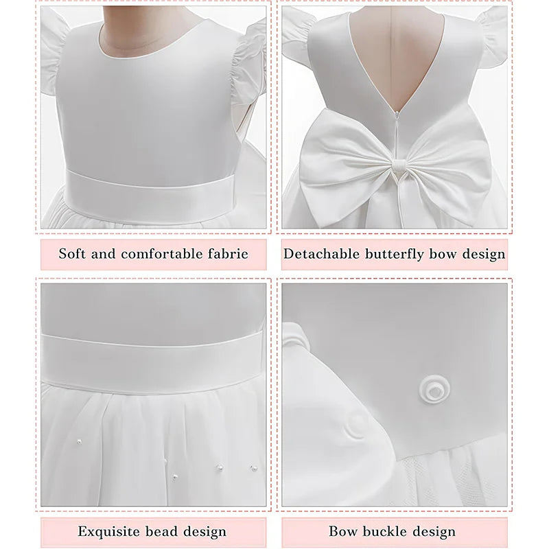 Kids Girls White Dresses Flower Child Wedding Dress Elegant Tulle Gown Baptismal Ceremony Costume Children Birthday Gift Dress