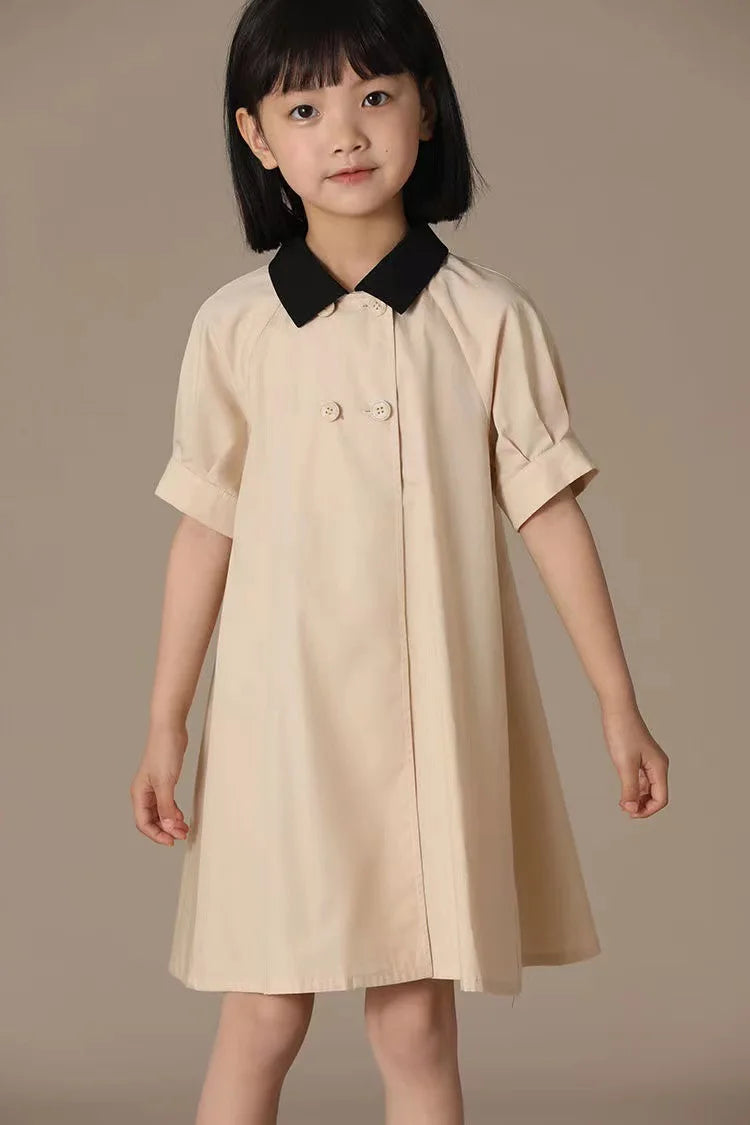 Girls Dress 2025 Spring Summer New Simple Temperament Cotton Contrasting Turn-down Collar Dress