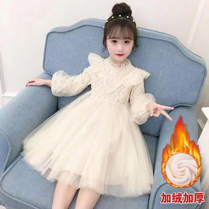 2023Girls' Autumn Winter New Fashion Half High Neck Long Sleeve Solid Color Dress