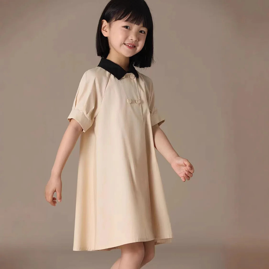 Girls Dress 2025 Spring Summer New Simple Temperament Cotton Contrasting Turn-down Collar Dress
