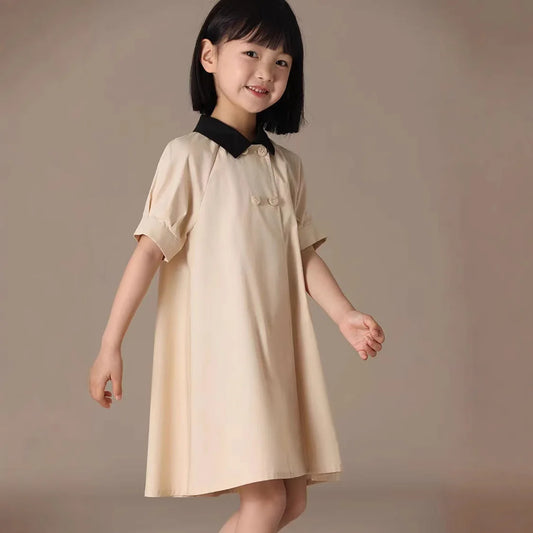 Girls Dress 2025 Spring Summer New Simple Temperament Cotton Contrasting Turn-down Collar Dress