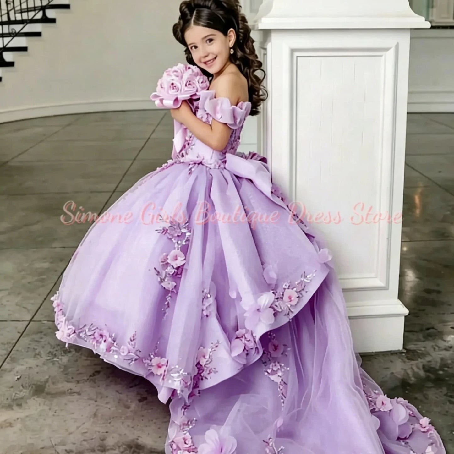 Girl Gown Flower Girl Dress for Wedding Off The Shoulder Applique Tulle Puffy