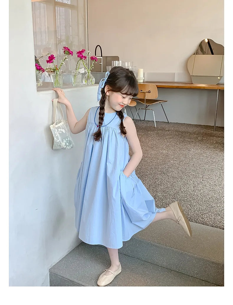 Ana Summer Junior Girl Sleeveless Dress Solid Side Cotton Dress