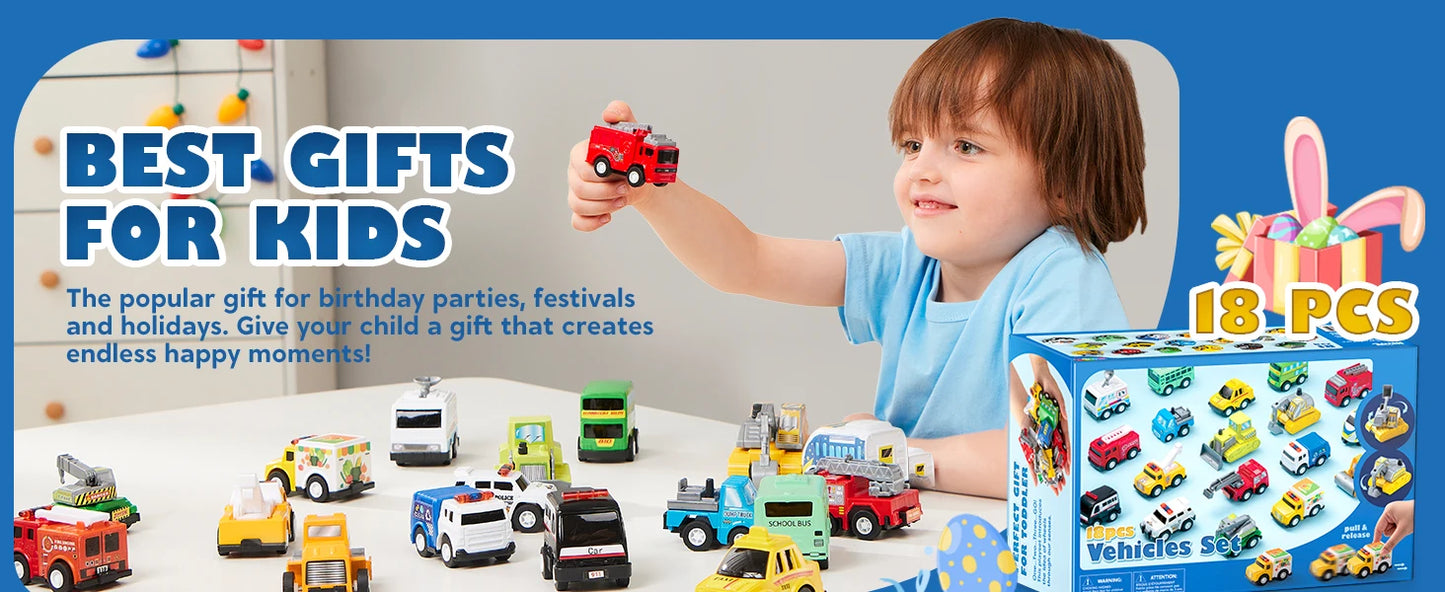 JOYFY 18 Pcs Pull Back City Cars and Trucks Toy Vehicles Set