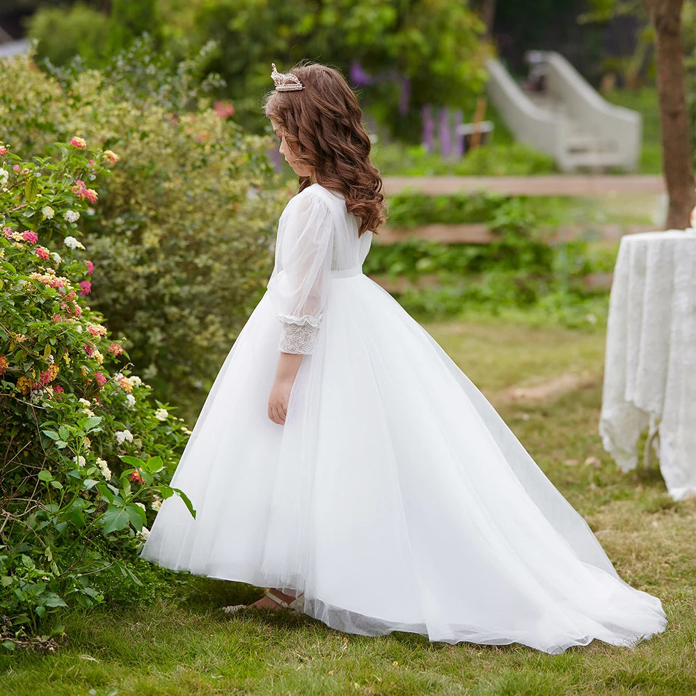 Summer Flower Girls Dress Bow Long Sleeve Wedding Ball Gown Child Host White Dress