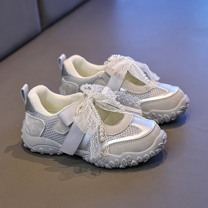 2026 Summer Kids Sport Sneakers for Girl Pearl Lace Mary Jane Flats Lightweight Non-Slip