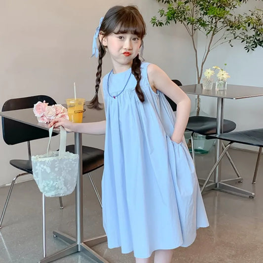 Ana Summer Junior Girl Sleeveless Dress Solid Side Cotton Dress