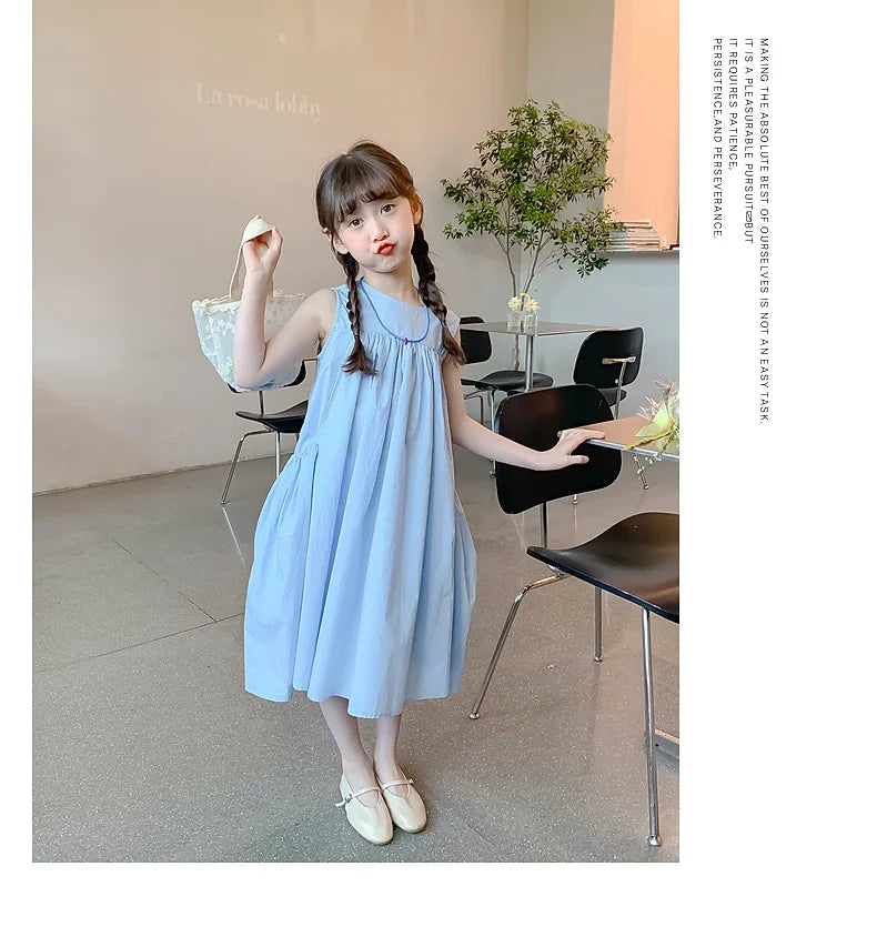 Ana Summer Junior Girl Sleeveless Dress Solid Side Cotton Dress