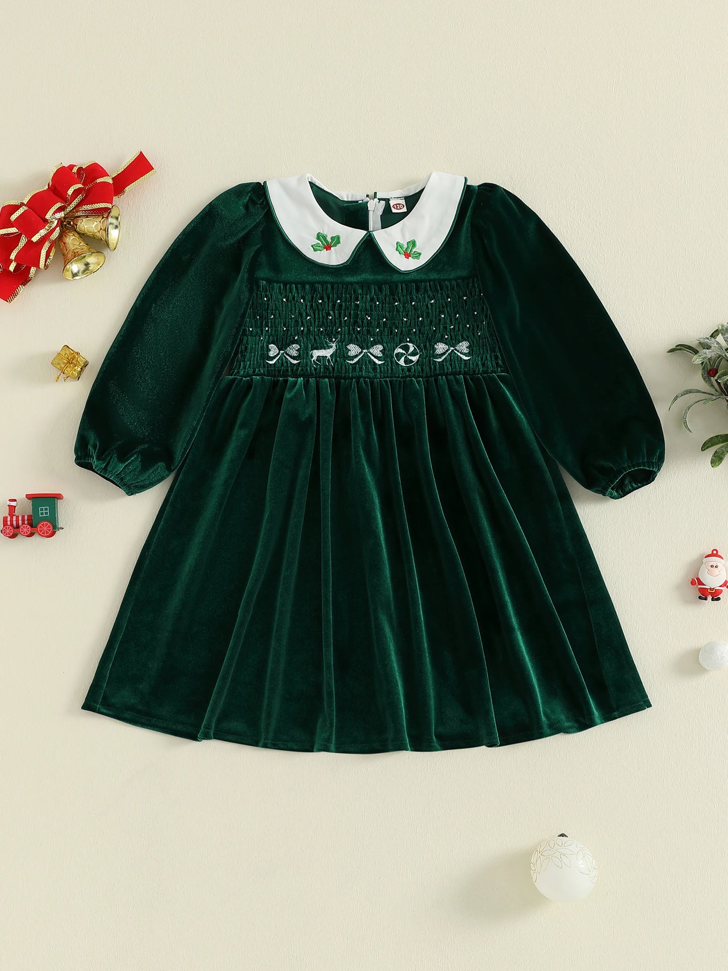 Toddler Red Plaid Christmas Dress with Bow and Reindeer Embroidery