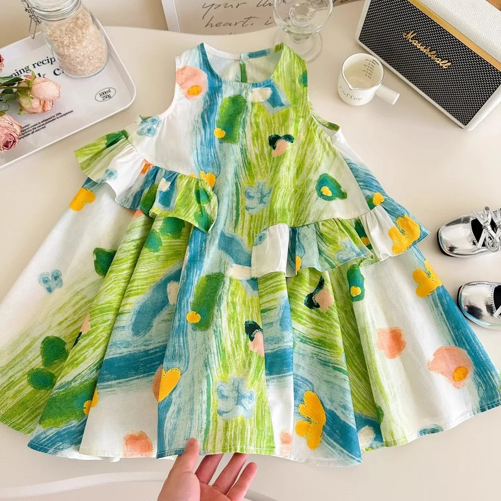 Girls Casual Dresses Flower Printing Ruffled Sleeveless Casual Dress