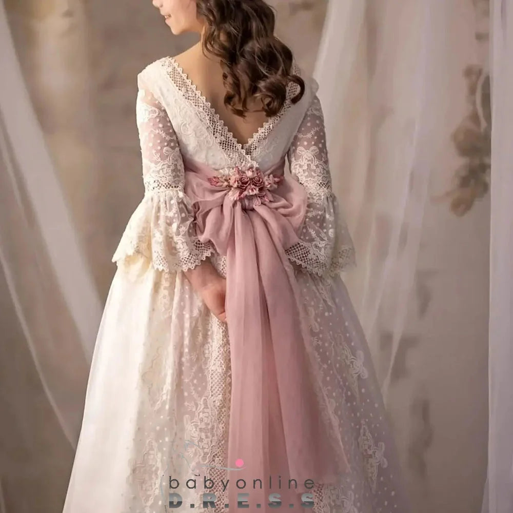 BABYONLINE Customized Comunión Dress Puff Sleeve Lace Embroidery Vestidos De Niñas