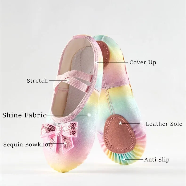 Girl Ballet Shoes Glitter Split-Sole Dance Slippers Toddler Kids Practice Shoes Flats Soft Lightweight  Elastic Laces Colorful