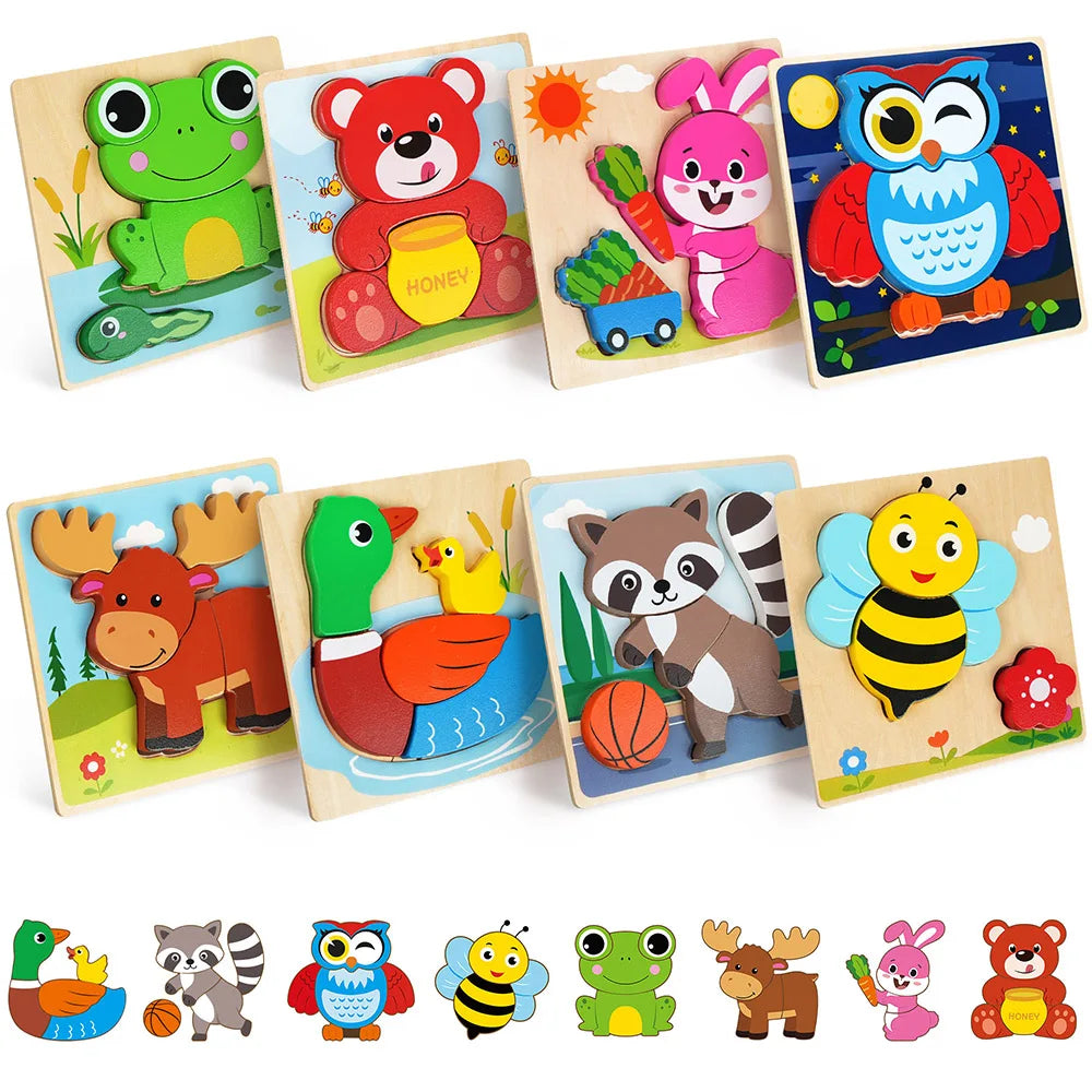 8 Pack Animal Wooden Puzzles Toys For Toddlers Boys Girls