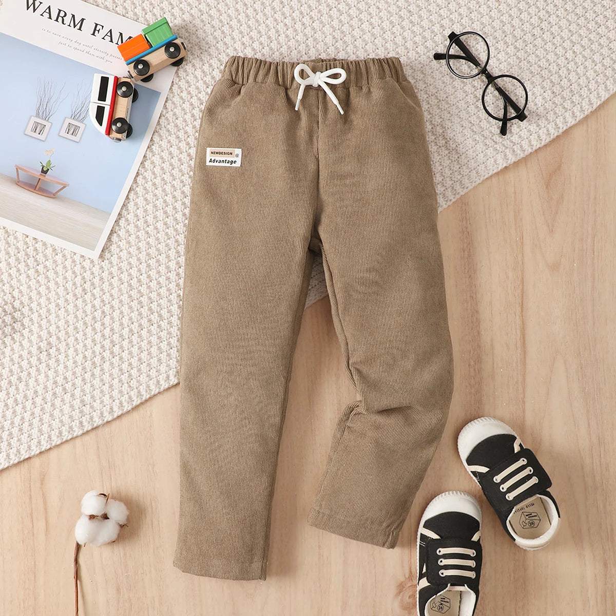 Izan Kid's Casual Corduroy Pants Label Patched Elastic Waist