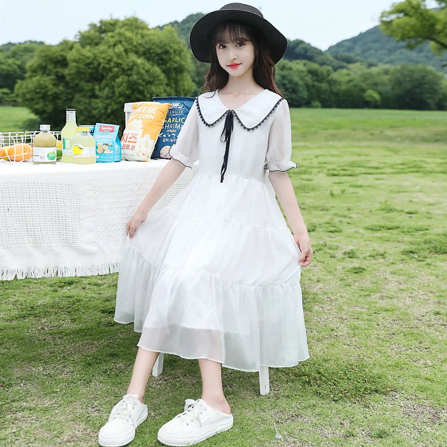 Girls Summer Chiffon Floral Dress Fashion Bow Lace Elegant Girl Kids Birthday Long Dress