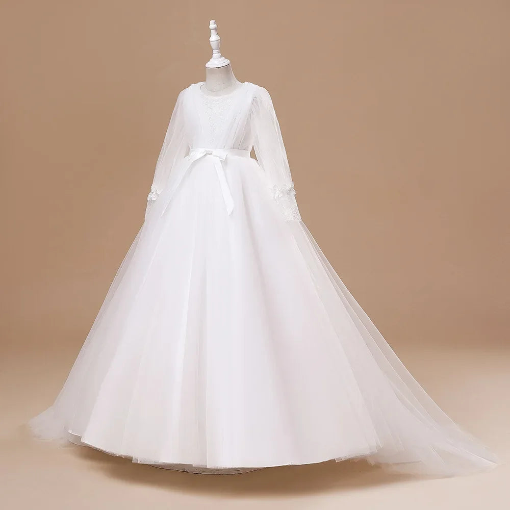 White Bridemaid Girl Dresses Children Costume Bow Lace Pageant Wedding Dress
