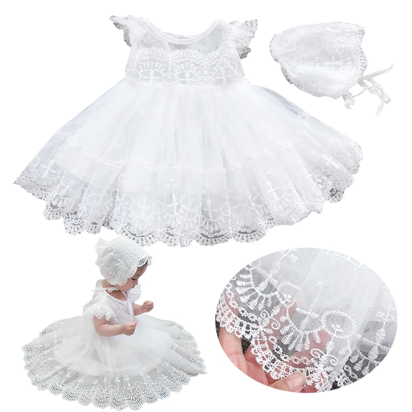 Lila Baby Girls Baptism Dress - Lace Crochet O Neck Dress