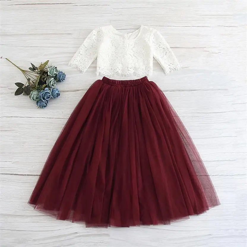 Children Set Clothing for Girls Half Sleeve Lace Top+Champagne Pink Long Skirt dress