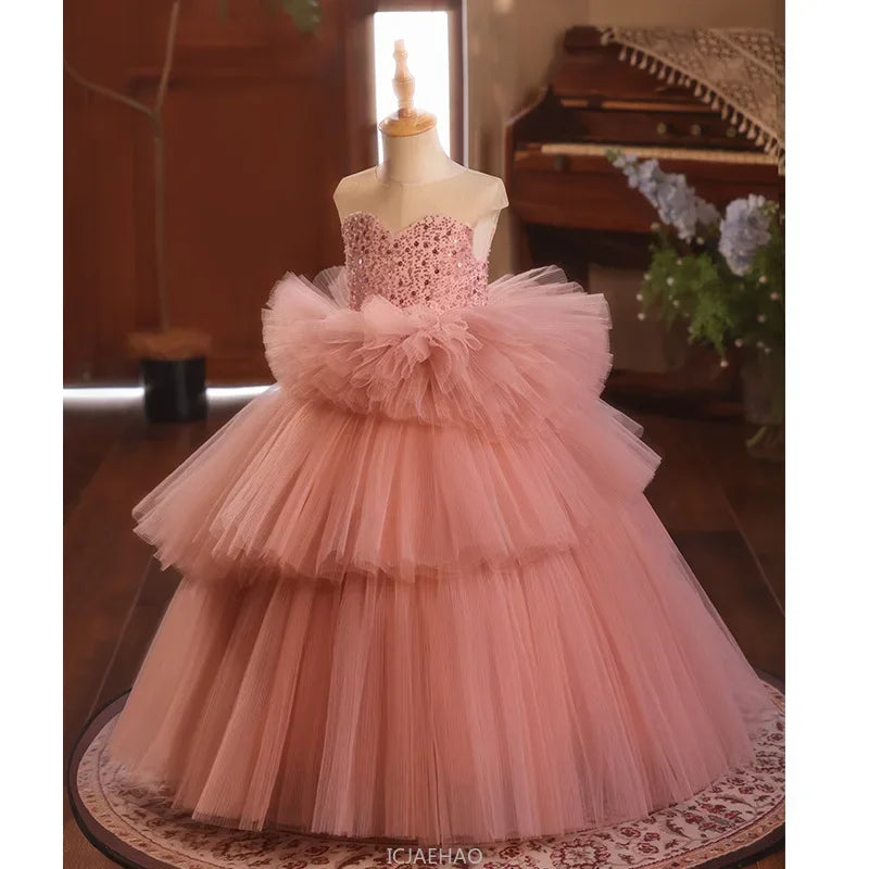 Girls Pageant Dress Stage Host Gown Kids Piano Performance Outfit Birthday Party FlowerWalking Formal Wear Girl Wedding Show