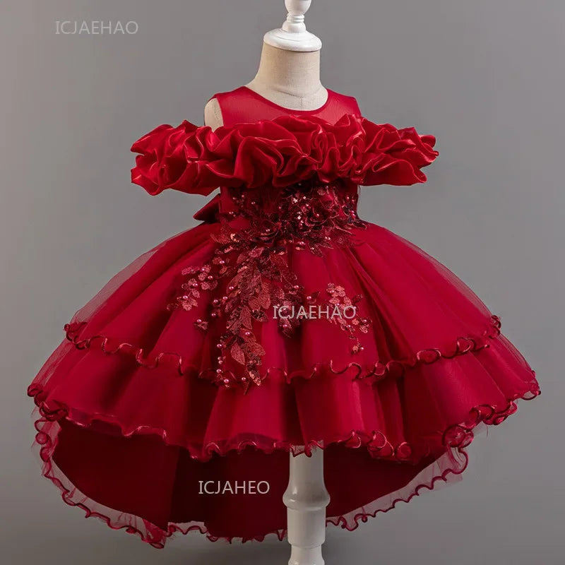 Girls Flower Girl Dress with Train Tulle Princess Gown Christmas Birthday Party Pageant Formal Dresses Kids Children Clothing
