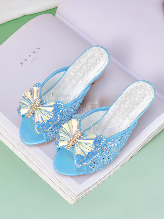 Girl's princess high-heeled slippers with bow and crystal design, children's shoes